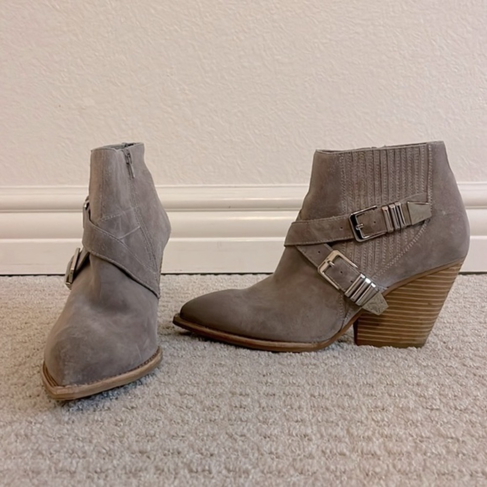 Jeffrey Campbell Gray Suede Zip Up Silver Criss Cross Buckle Heel Booties
